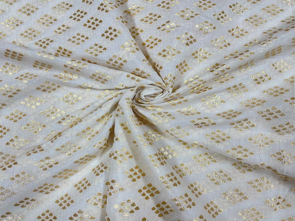 White Golden Zari Geometric Motifs Pure Chanderi Fabric - Kapda Shop