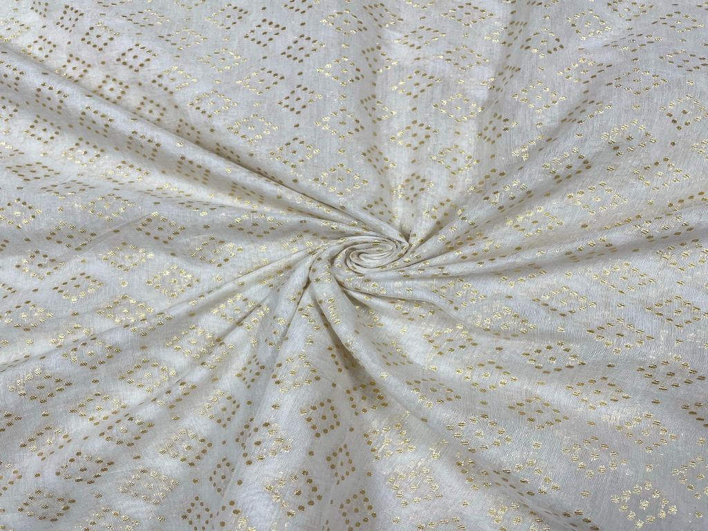 White Golden Zari Fancy Geometric Pure Chanderi Fabric - Kapda Shop
