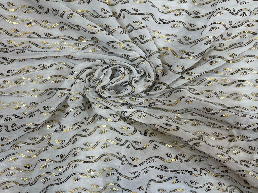 White & Golden Wavy Dyeable Embroidered Georgette Fabric - Kapda Shop