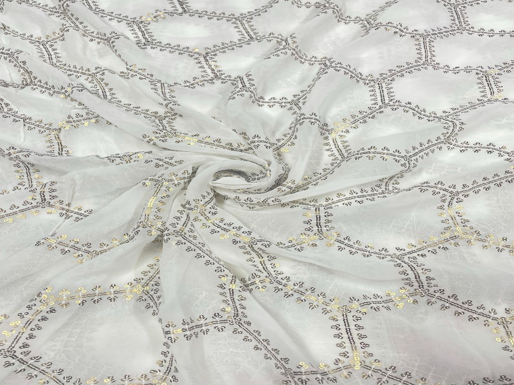 White Geometric Dyeable Embroidered Georgette Fabric - Kapda Shop