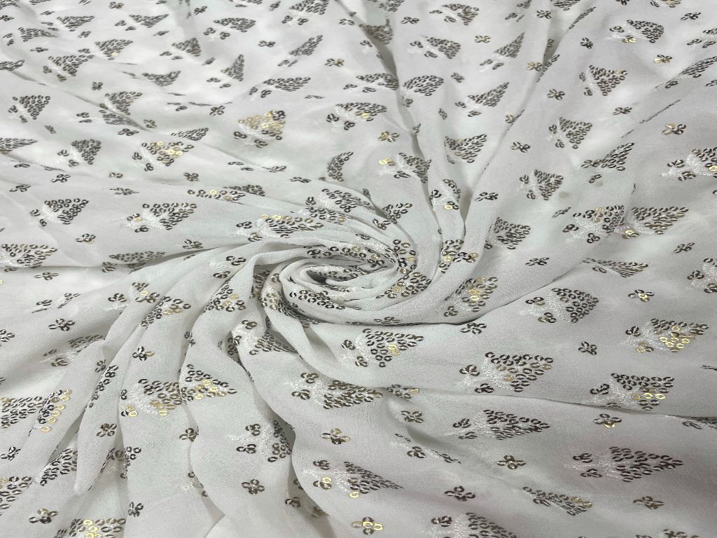 White & Golden Motifs Dyeable Embroidered Georgette Fabric - Kapda Shop