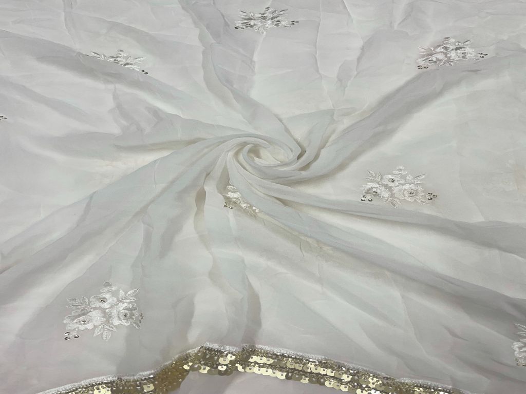 White Motifs Dyeable Embroidered Georgette Fabric - Kapda Shop