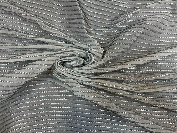 White & Gray Stripes Dyeable Embroidered Georgette Fabric