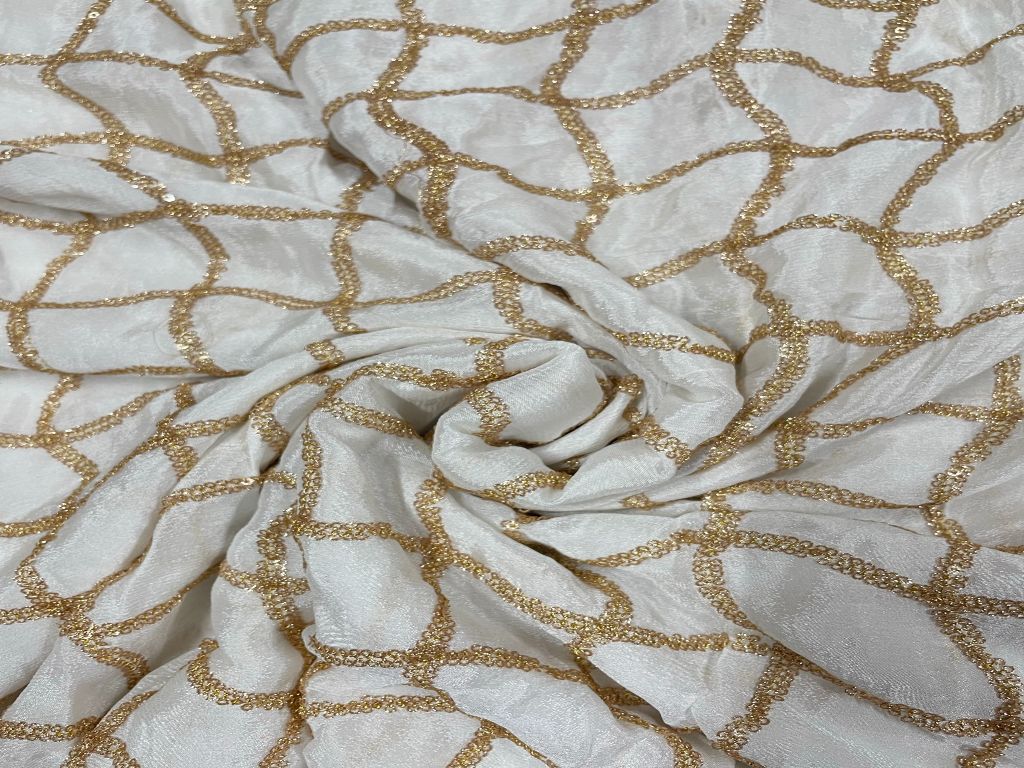White & Golden Waves Embroidered Dyeable Chiffon Fabric - Kapda Shop