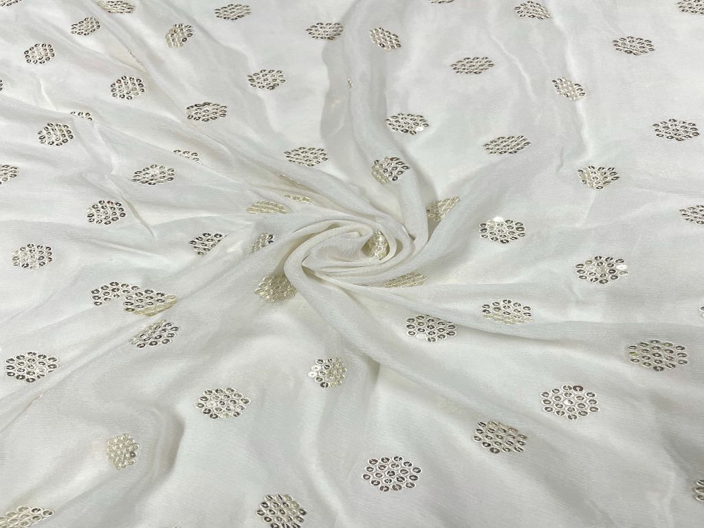 White & Silver Motifs Dyeable Embroidered Chiffon Fabric - Kapda Shop