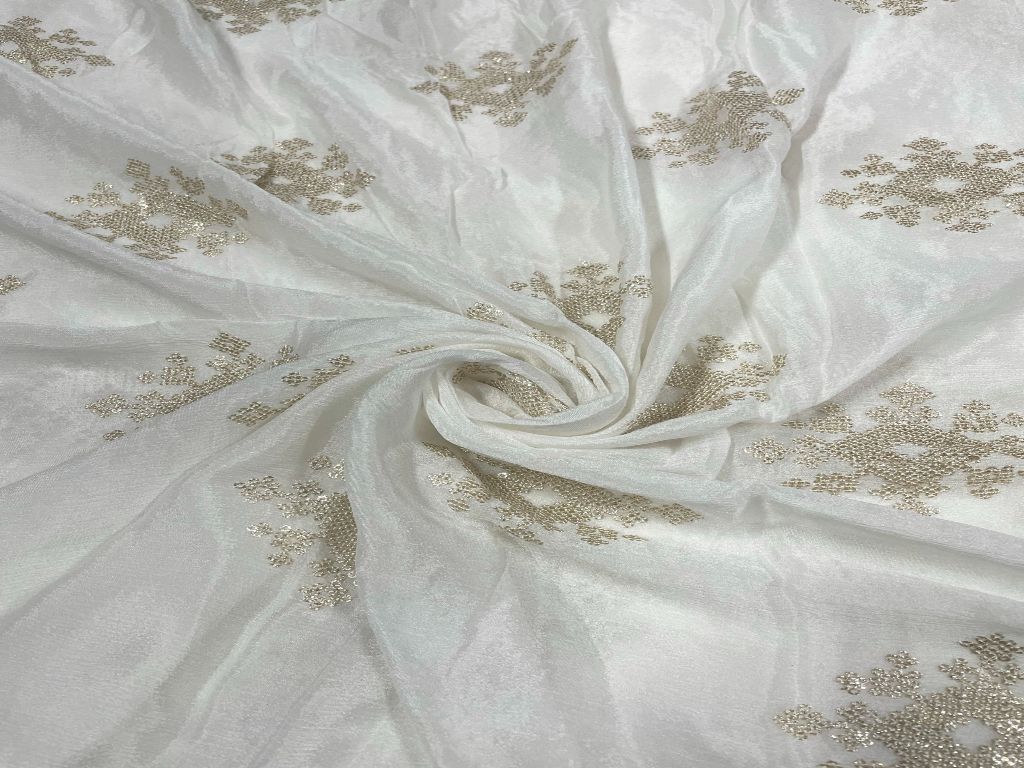 White & Golden Motifs Dyeable Embroidered Chiffon Fabric - Kapda Shop