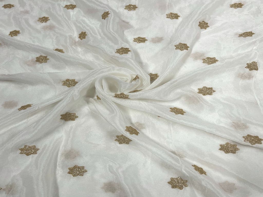 White & Dark Golden Motifs Dyeable Embroidered Chiffon Fabric - Kapda Shop