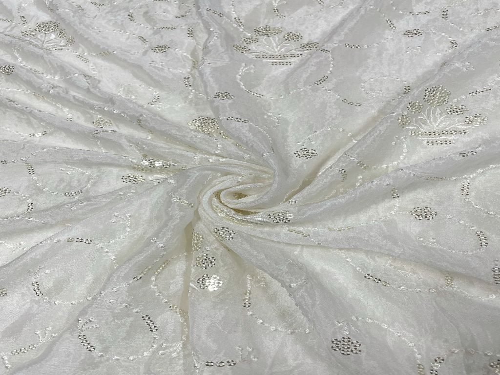 White & Silver Traditional Dyeable Embroidered Chiffon Fabric - Kapda Shop
