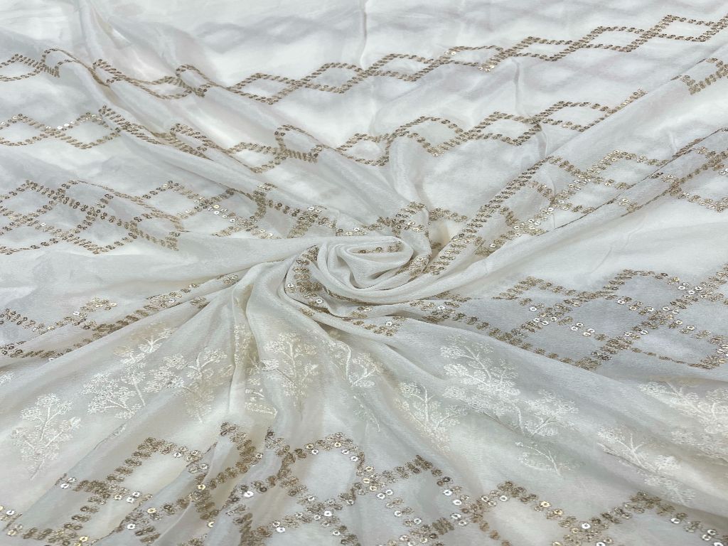 White Traditional Dyeable Embroidered Chiffon Fabric - Kapda Shop