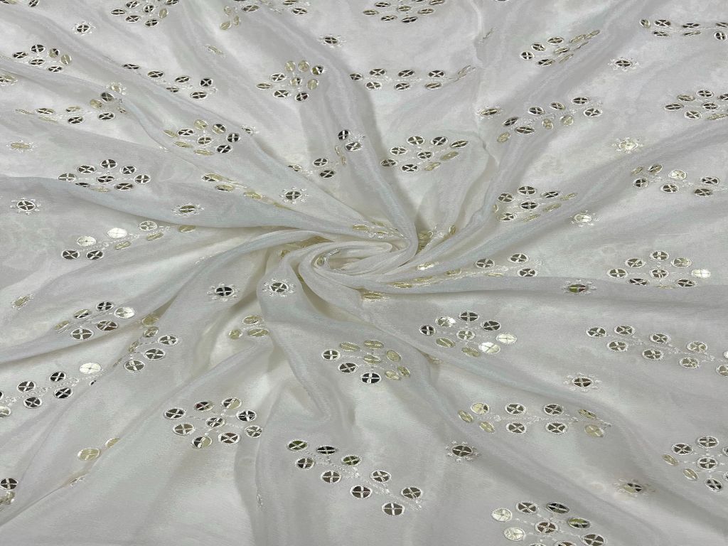 White & Silver Abstract Dyeable Embroidered Chiffon Fabric - Kapda Shop