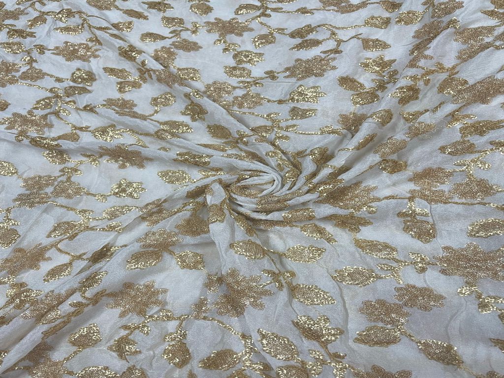 White & Dark Golden Floral Dyeable Embroidered Chiffon Fabric - Kapda Shop