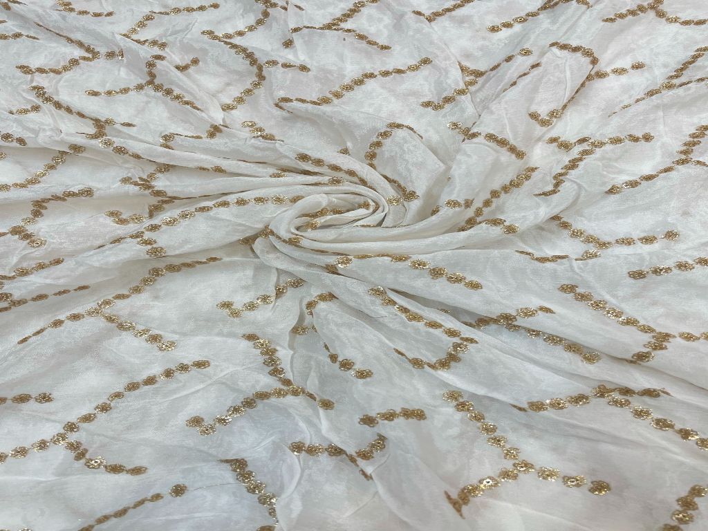 White & Golden Abstract Dyeable Embroidered Chiffon Fabric - Kapda Shop