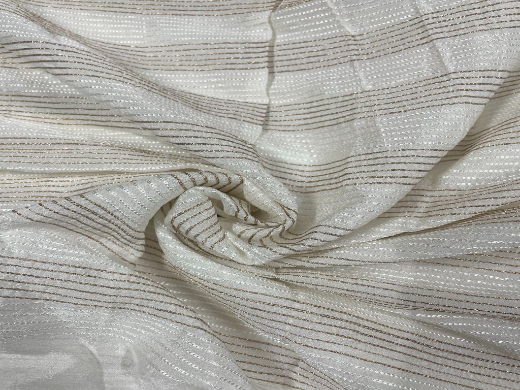 White Golden Stripes Dyeable Embroidered Chiffon Fabric - Kapda Shop