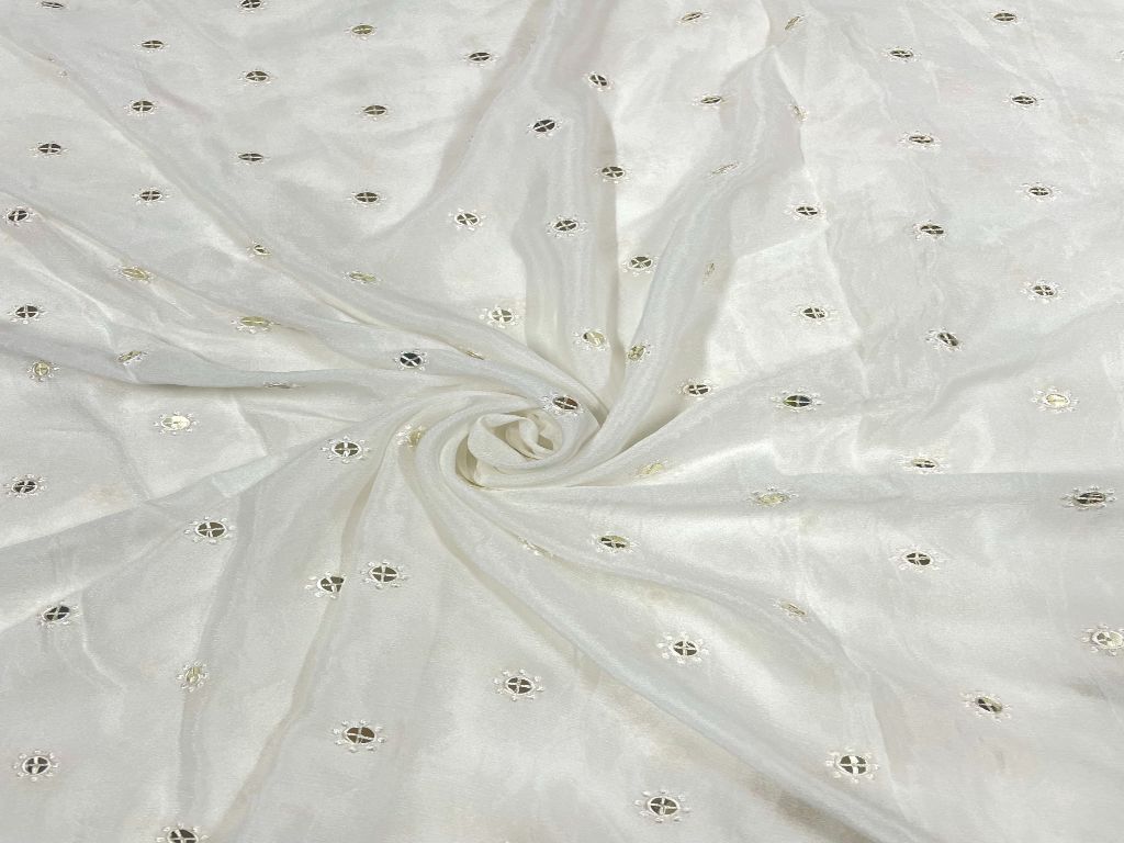 White & Silver Dyeable Embroidered Chiffon Fabric - Kapda Shop