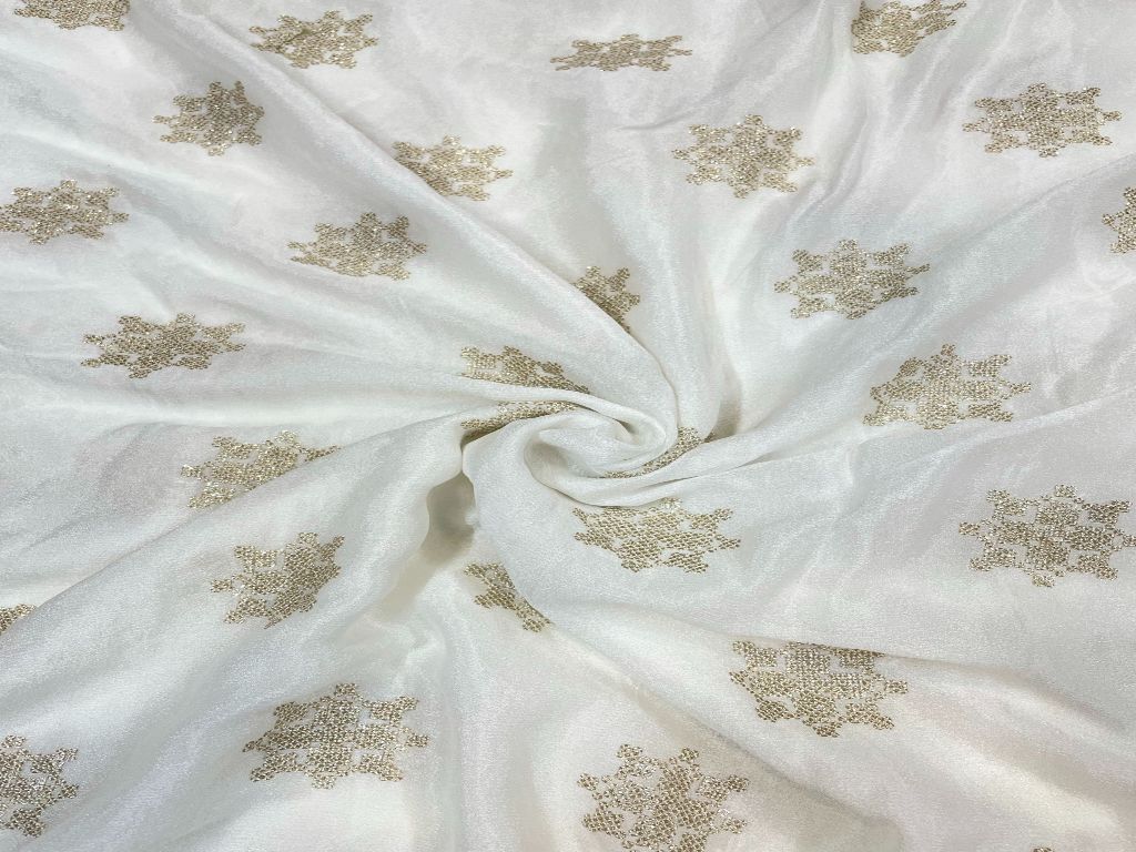 White & Golden Motifs Dyeable Embroidered Chiffon Fabric - Kapda Shop
