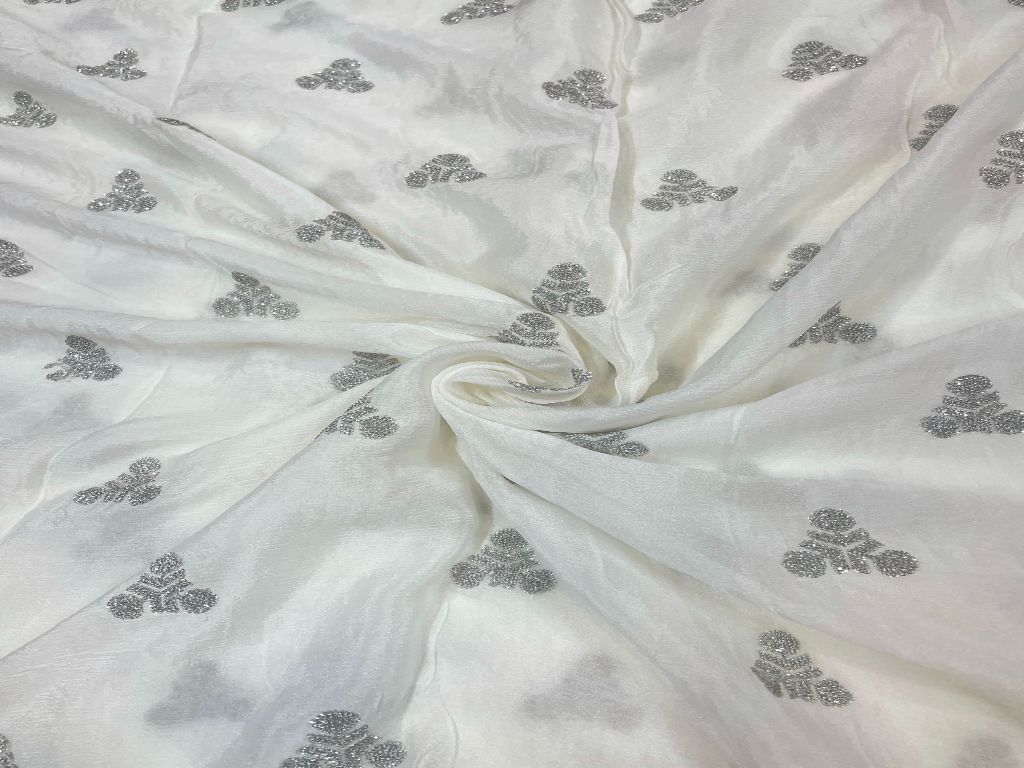 White & Silver Motifs Dyeable Embroidered Chiffon Fabric - Kapda Shop