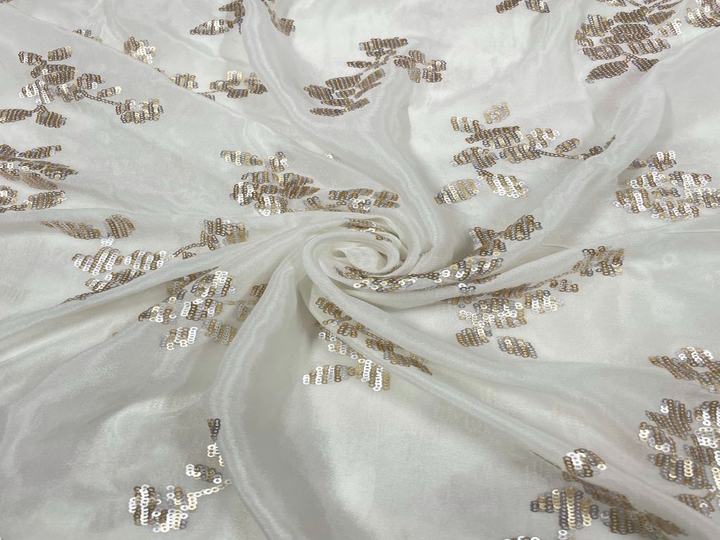 White & Golden Motifs Dyeable Embroidered Chiffon Fabric - Kapda Shop