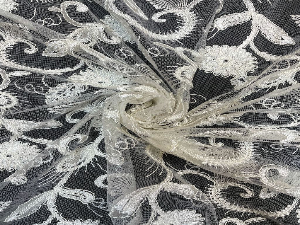 White Floral Dyeable Embroidered Net Fabric - Kapda Shop