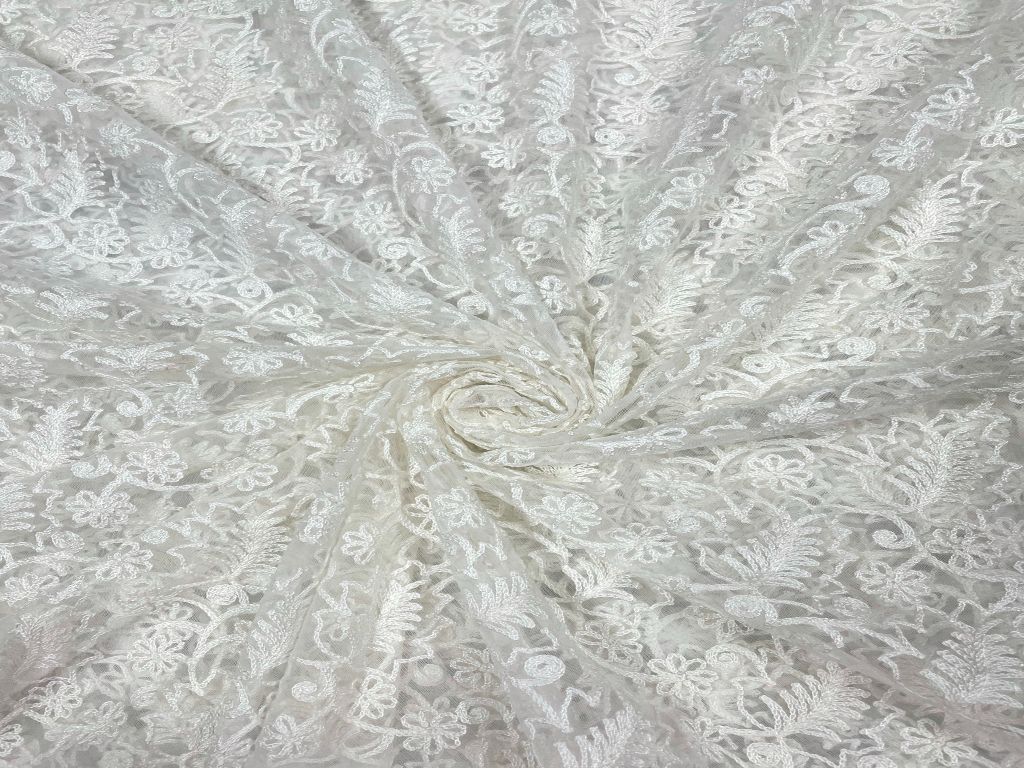 White Floral Dyeable Embroidered Net Fabric - Kapda Shop