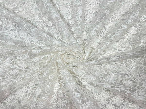 White Floral Dyeable Embroidered Net Fabric