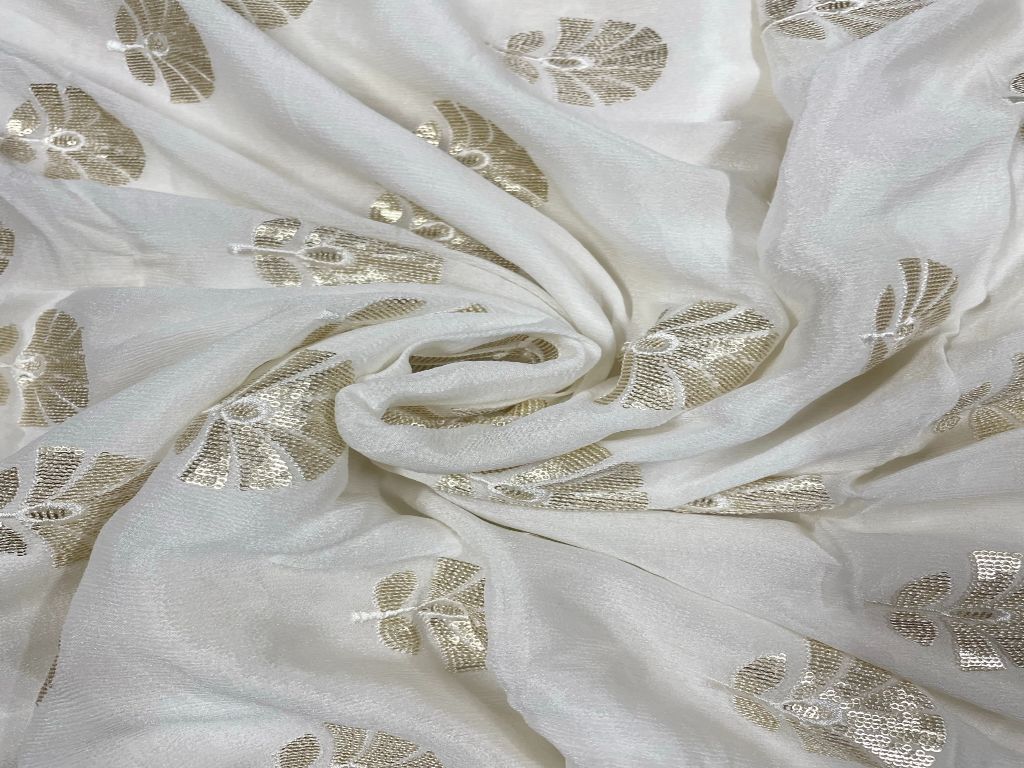 White & Golden Motifs Dyeable Embroidered Chiffon Fabric - Kapda Shop
