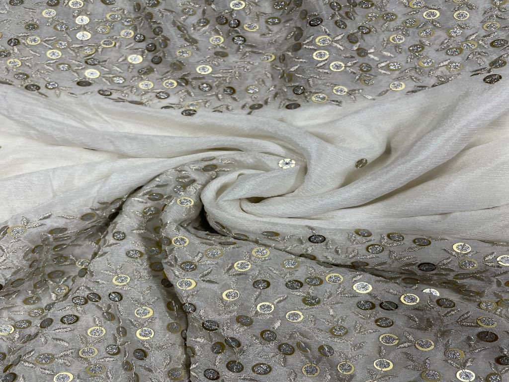 White & Gray Floral Dyeable Embroidered Georgette Fabric - Kapda Shop