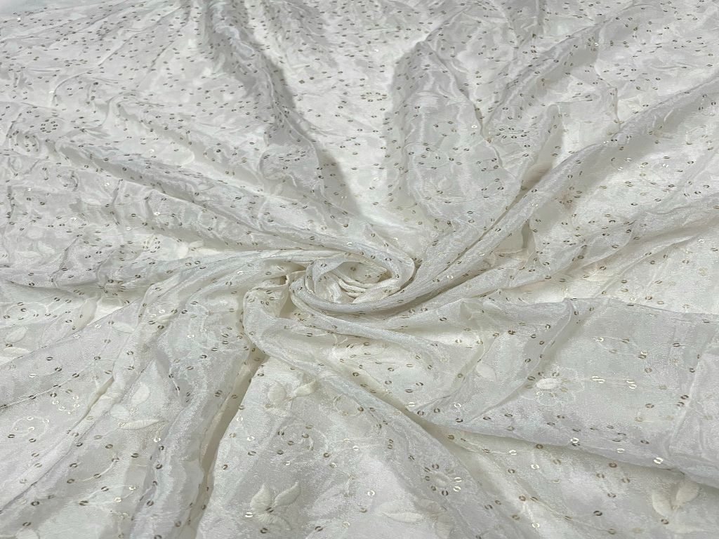 White & Silver Floral Dyeable Embroidered Chiffon Fabric - Kapda Shop