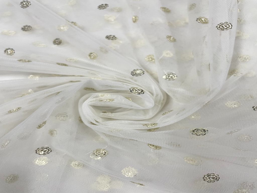 White & Golden Floral Dyeable Embroidered Net Fabric - Kapda Shop