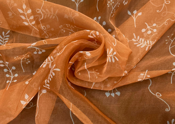 Rust Orange White Floral Printed Organza Fabric