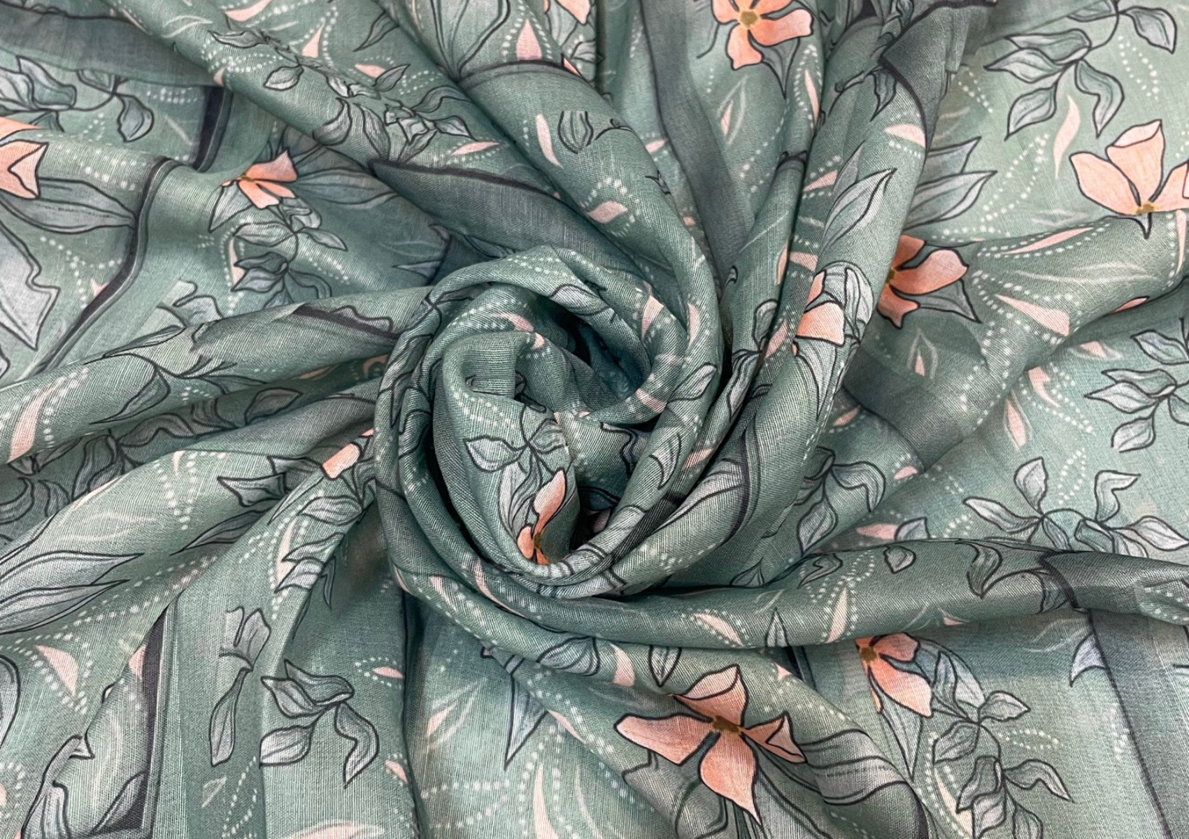 Green Peach Floral Printed Muslin Cotton Fabric - Kapda Shop