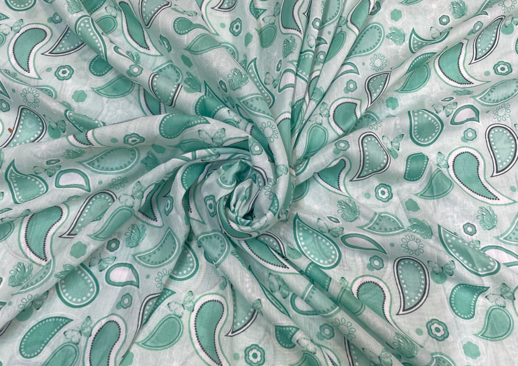 Light Green Paisleys Printed Muslin Fabric - Kapda Shop