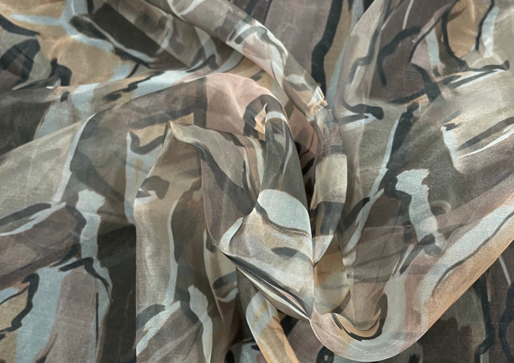 Brown Abstract Printed Organza Fabric