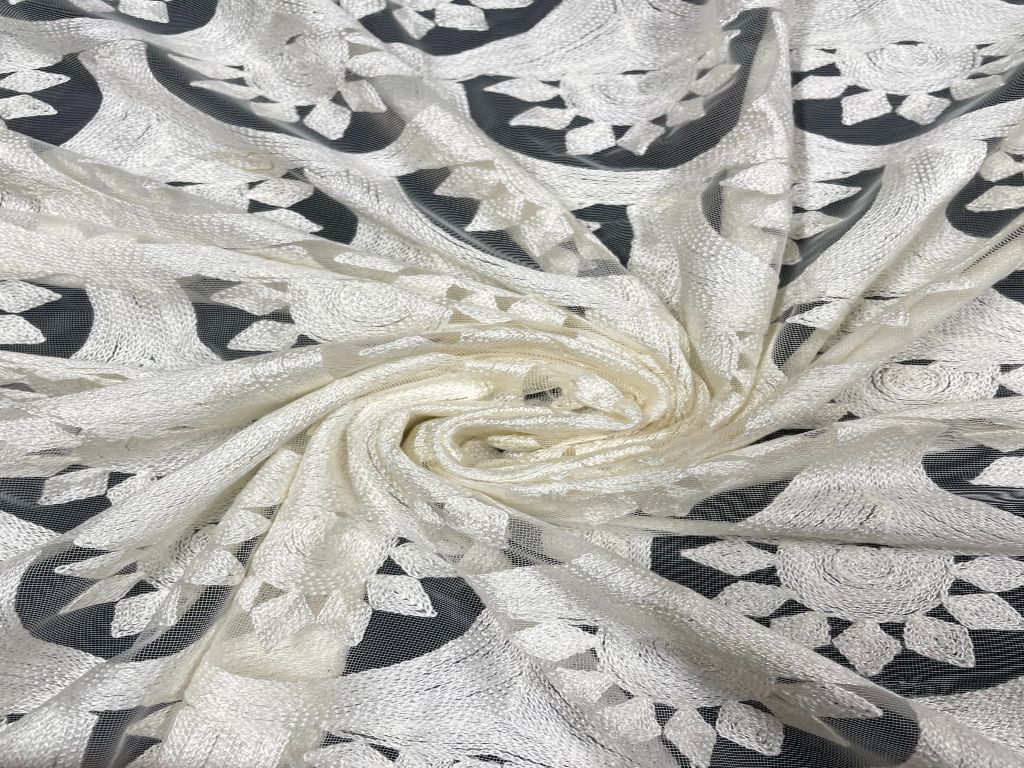 White Floral Dyeable Embroidered Net Fabric - Kapda Shop