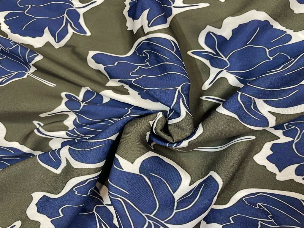 Dark Mehendi Green Dark Blue Floral Printed Crepe Fabric - Kapda Shop