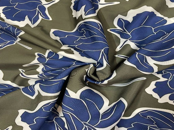 Dark Mehendi Green Dark Blue Flowers Printed Crepe Fabric