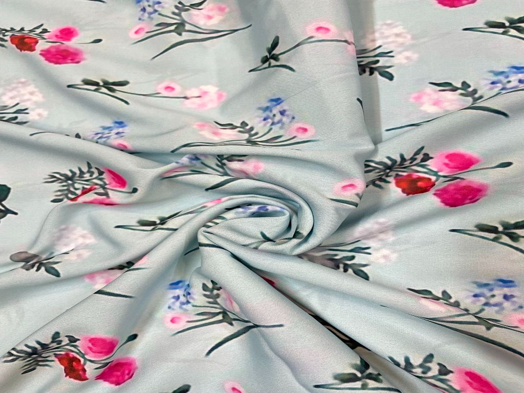 Light Blue Floral Printed Crepe Fabric - Kapda Shop