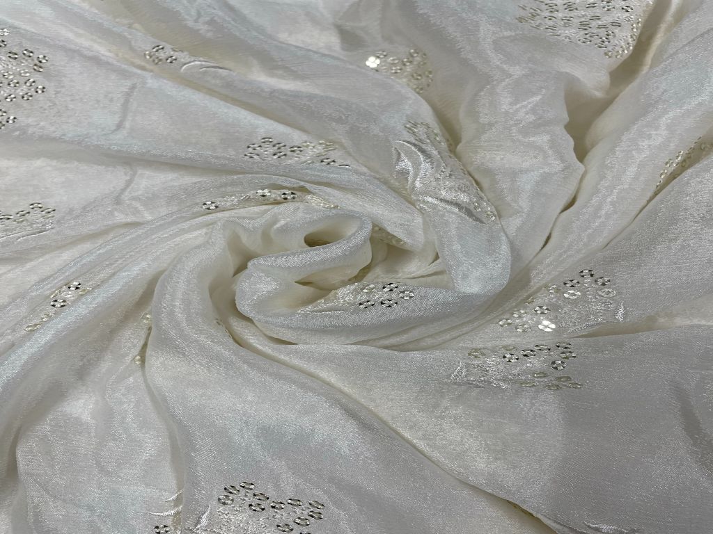 White & Silver Floral Dyeable Embroidered Chiffon Fabric - Kapda Shop