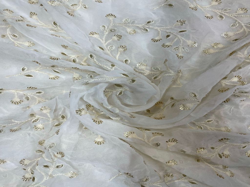 White Floral Dyeable Embroidered Georgette Fabric - Kapda Shop