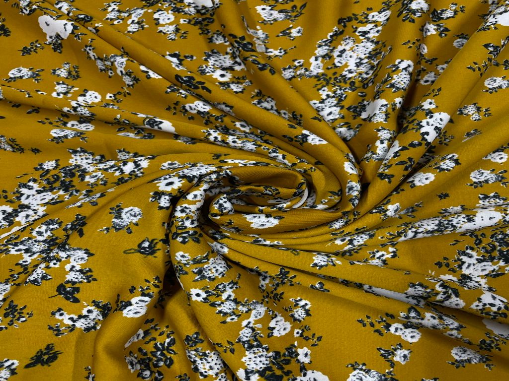 Mustard Floral Printed Crepe Fabric - Kapda Shop