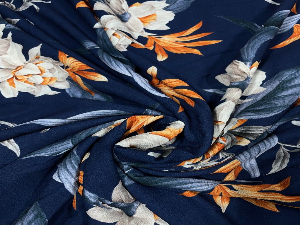 Navy Blue Floral Printed Georgette Fabric - Kapda Shop