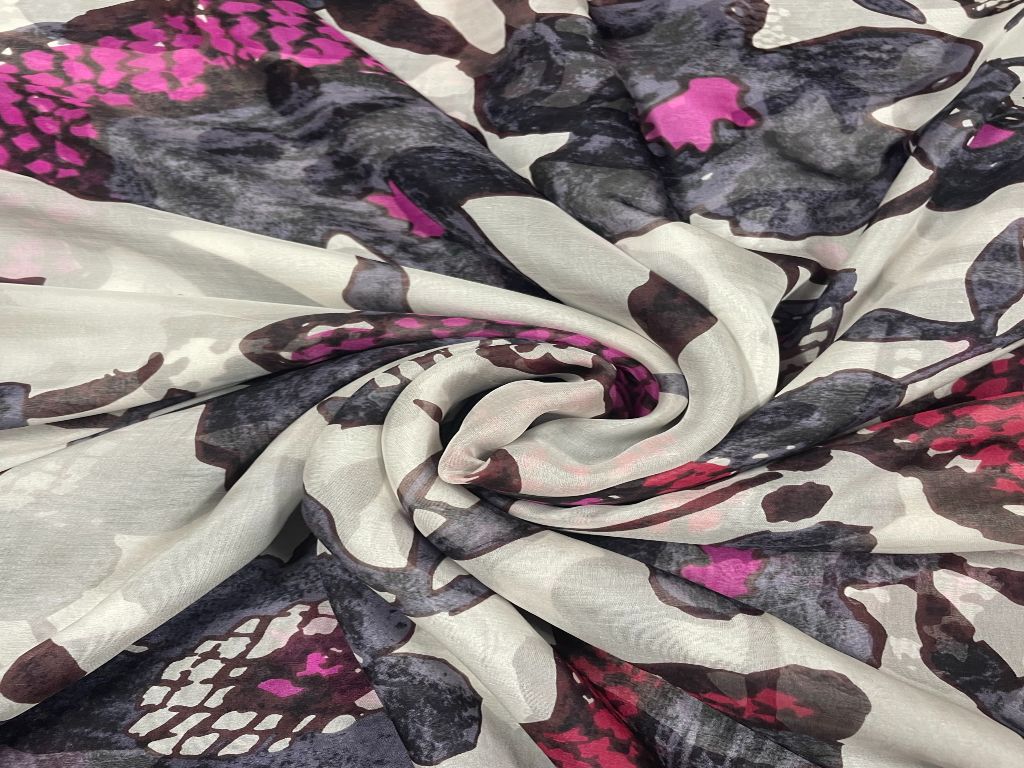 White Floral Printed Chiffon Fabric - Kapda Shop