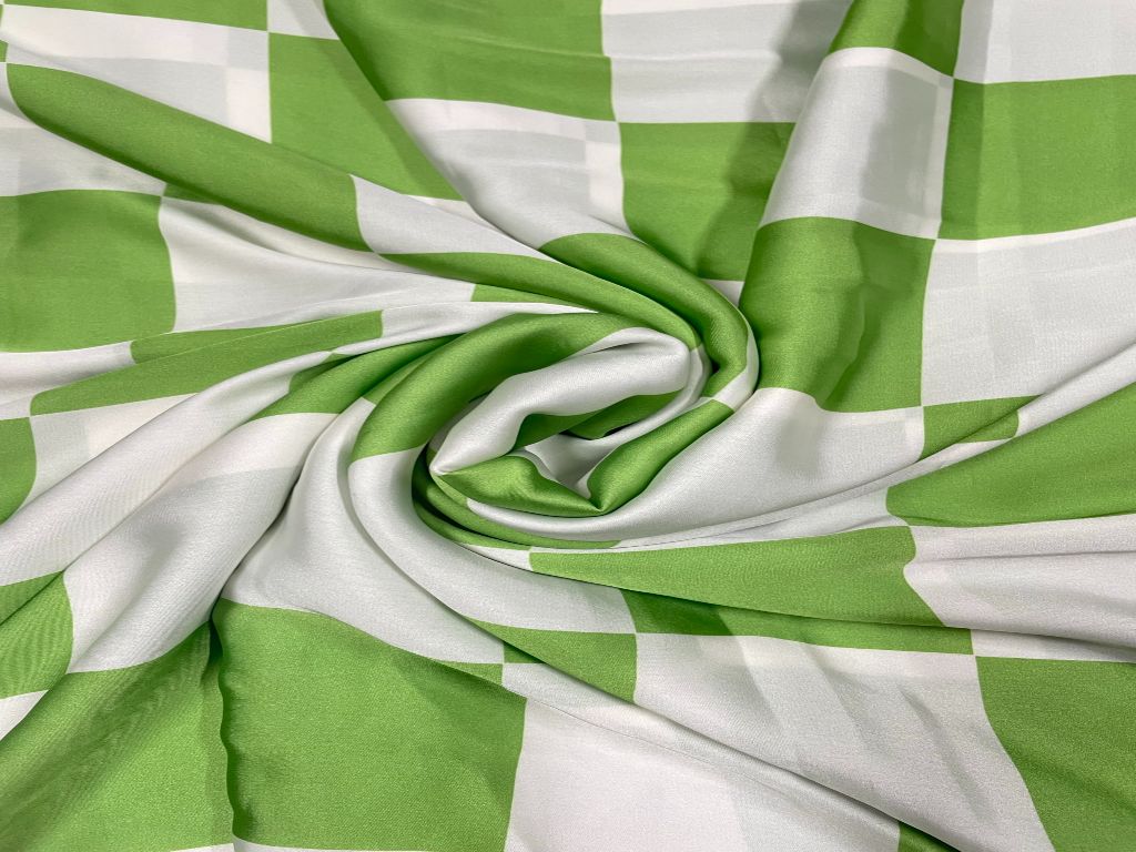 Green & White Checks Printed Imported Satin Fabric - Kapda Shop