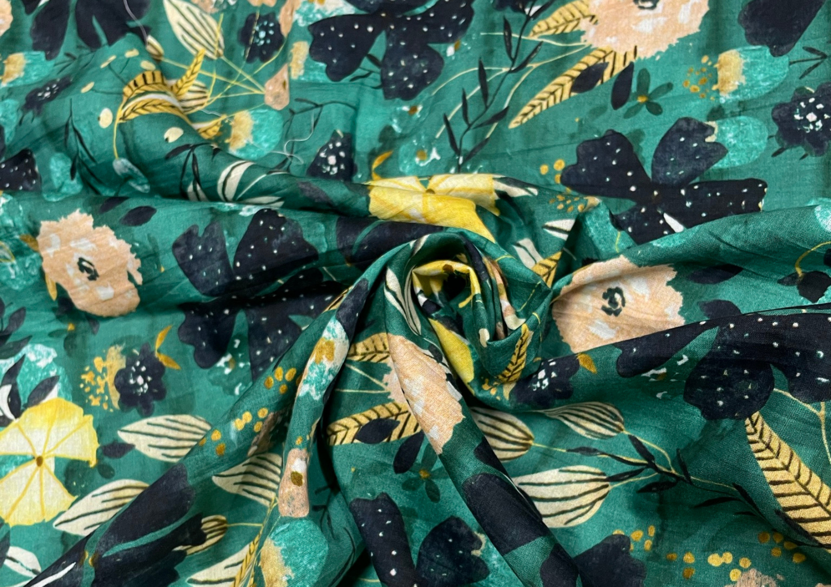 Dark Dull Green Multicolour Floral Printed Pure Cotton Silk Fabric - Kapda Shop