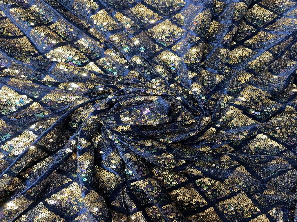 Embroidered Velvet Navy Blue Golden Checks - Kapda Shop