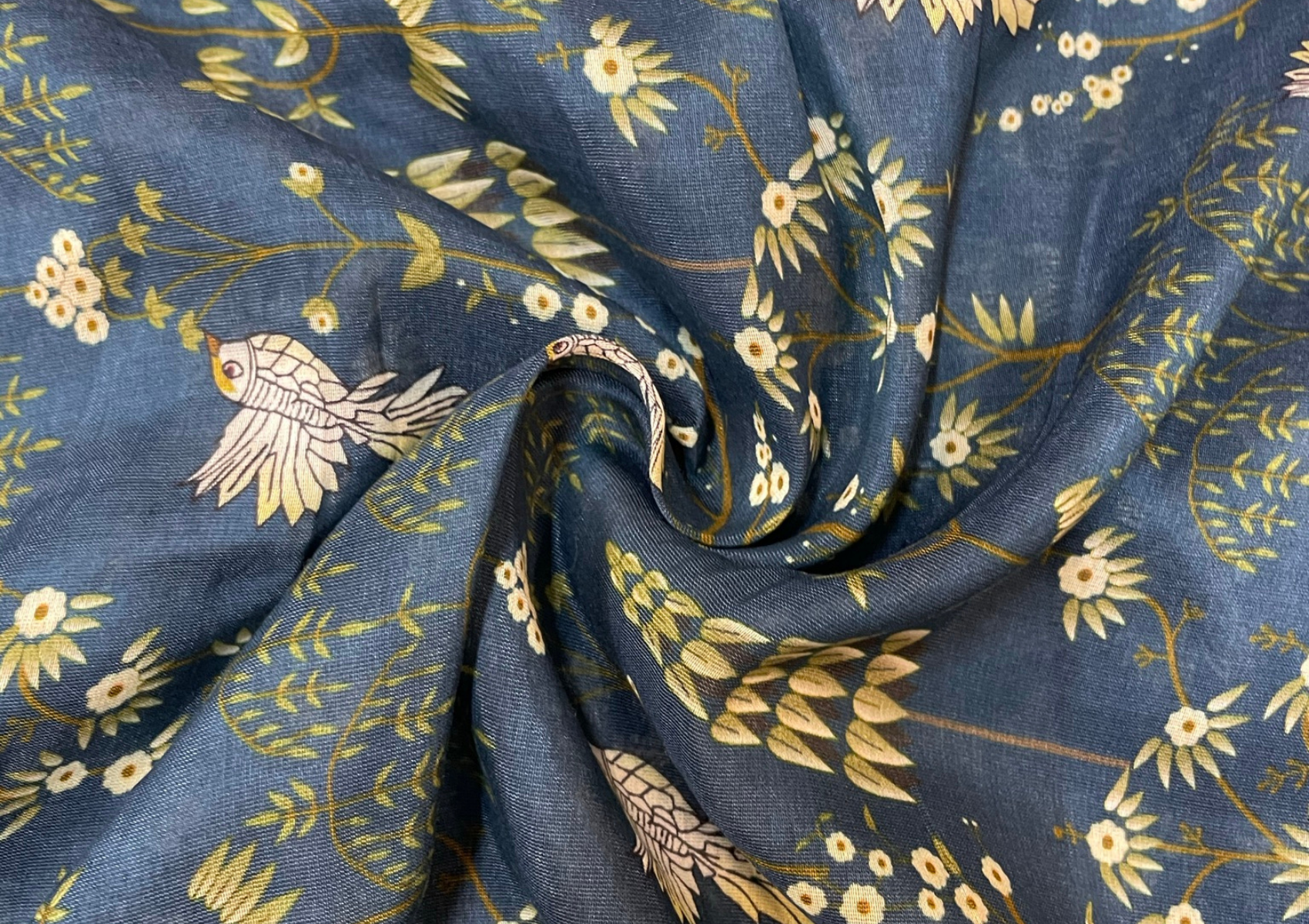 Navy Blue Floral Printed Pure Chanderi Fabric - Kapda Shop