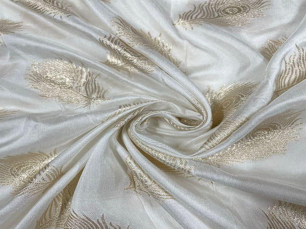 White & Golden Floral Dyeable Tussar Silk Zari Fabric