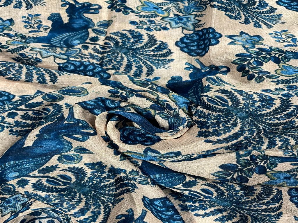 Cream & Blue Traditional Chiffon Fabric - Kapda Shop