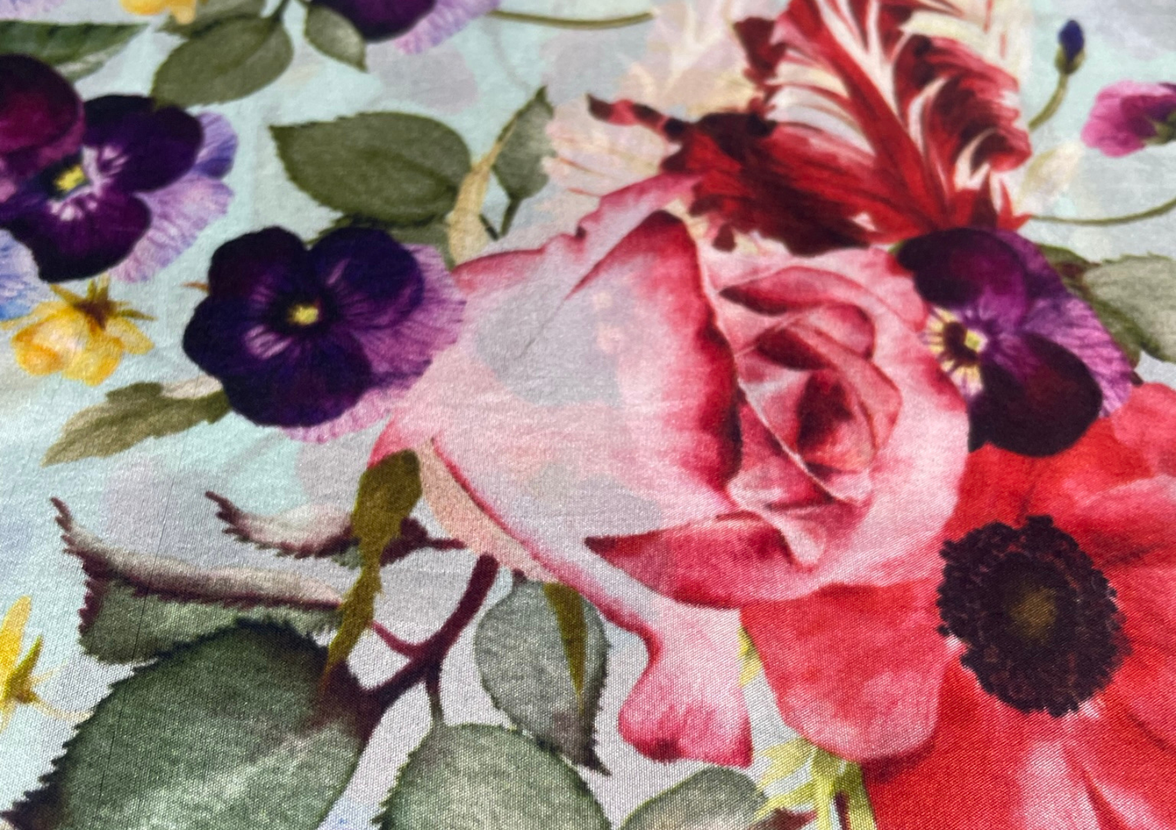 Sea Green Floral Printed Habutai Silk Fabric - Kapda Shop