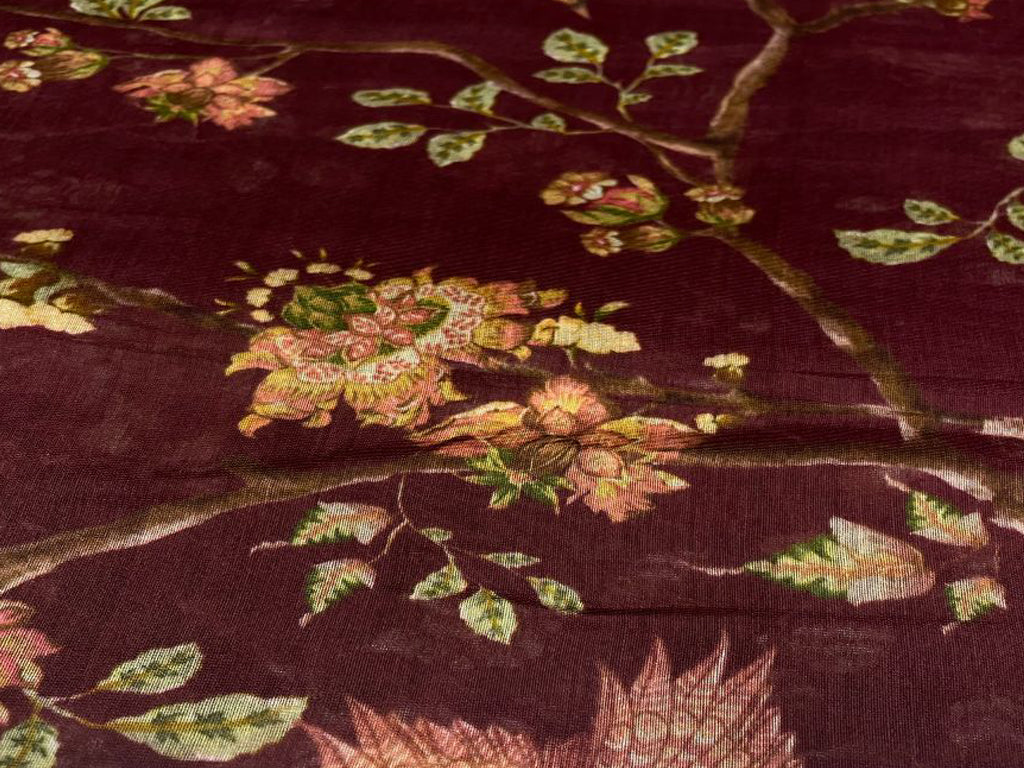 Dark Maroon Floral Pure Dupion Silk Fabric - Kapda Shop