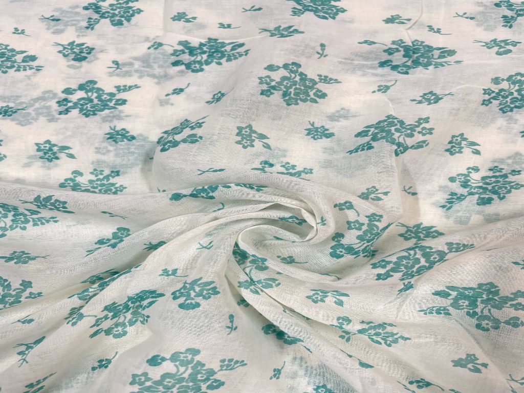 White & Blue Floral Printed Cotton Mul Fabric - Kapda Shop